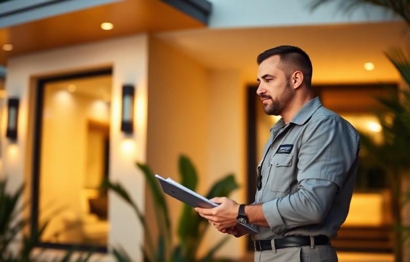 Technician inspecting Miami home exterior