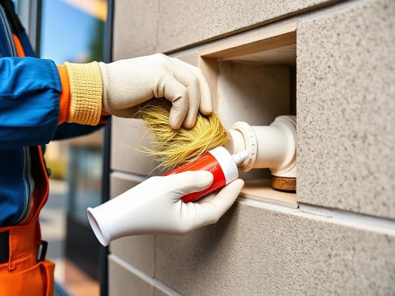 Pest control technician sealing pipe penetration on commercial building exterior