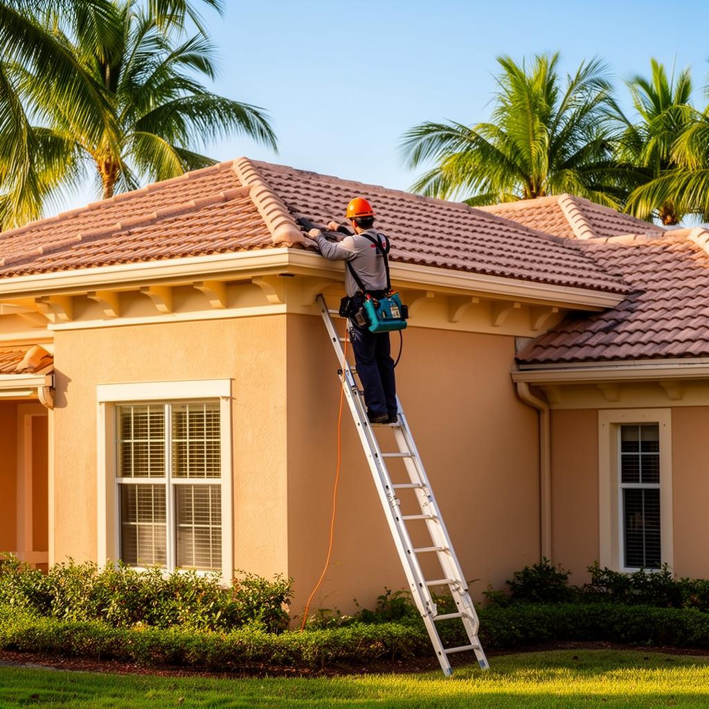 Professional rodent control technician inspecting a Miami home roofline