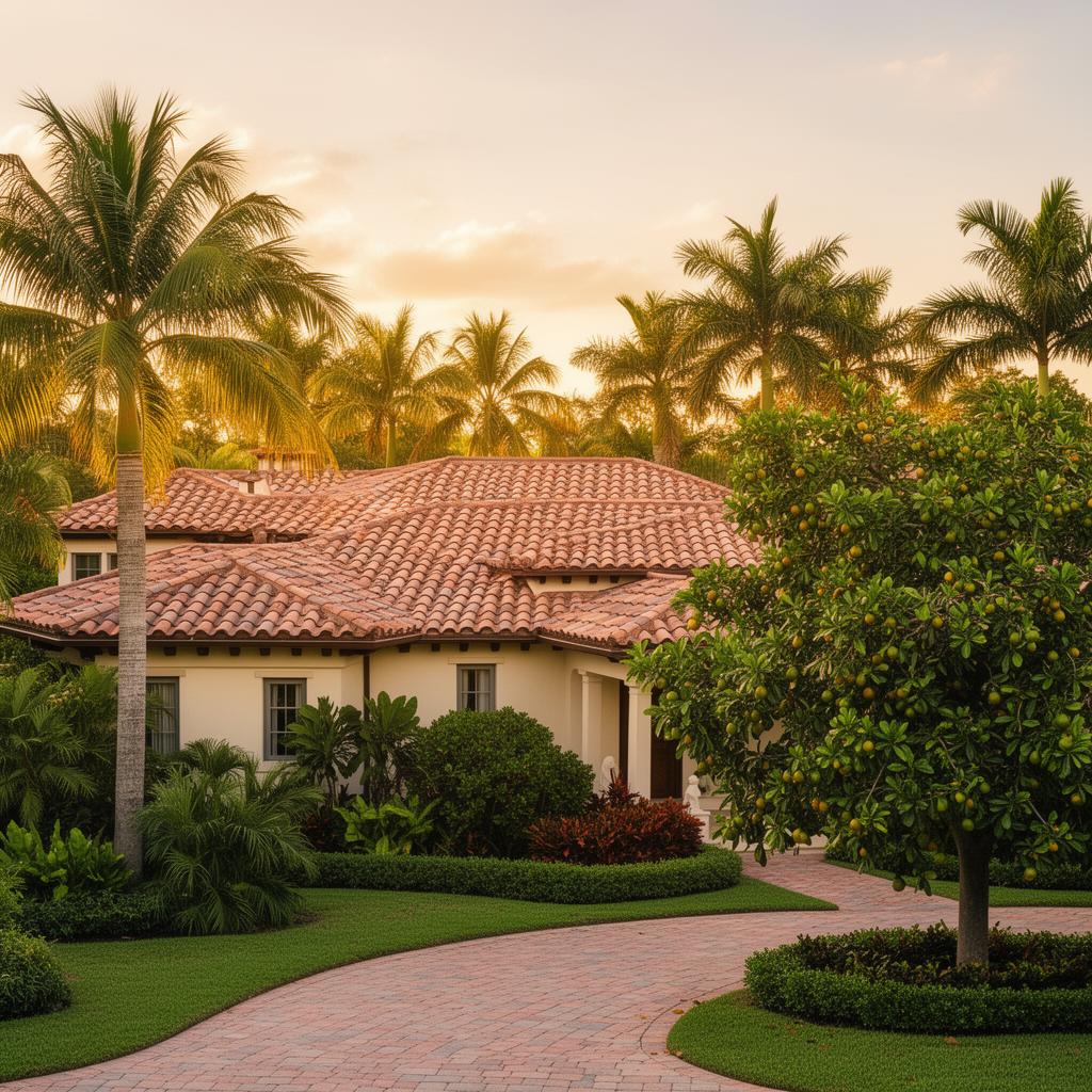 Beautiful Coral Gables home with tile roof and tropical landscaping
