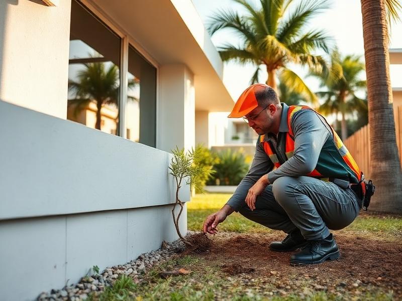 Technician inspecting foundation perimeter for Norway rat burrow activity