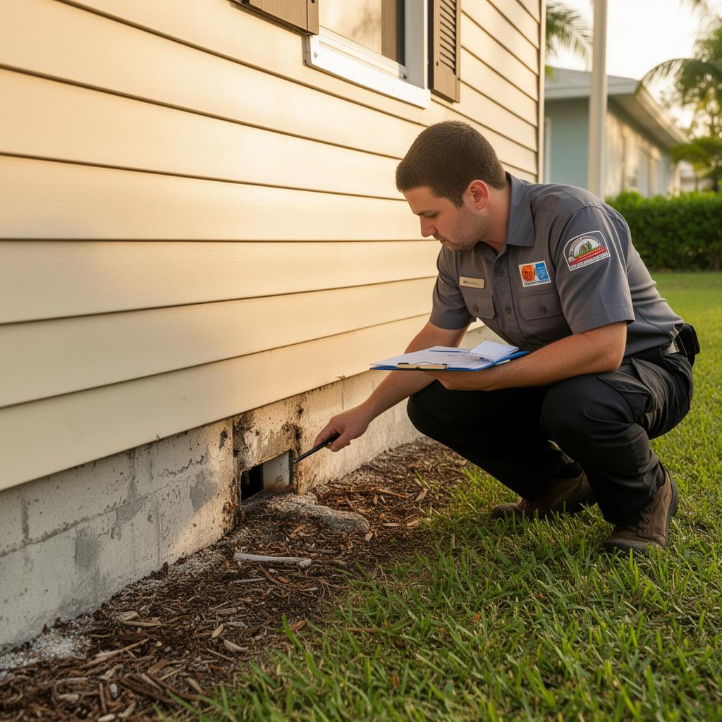 Technician inspecting Miami home foundation for rodent entry points